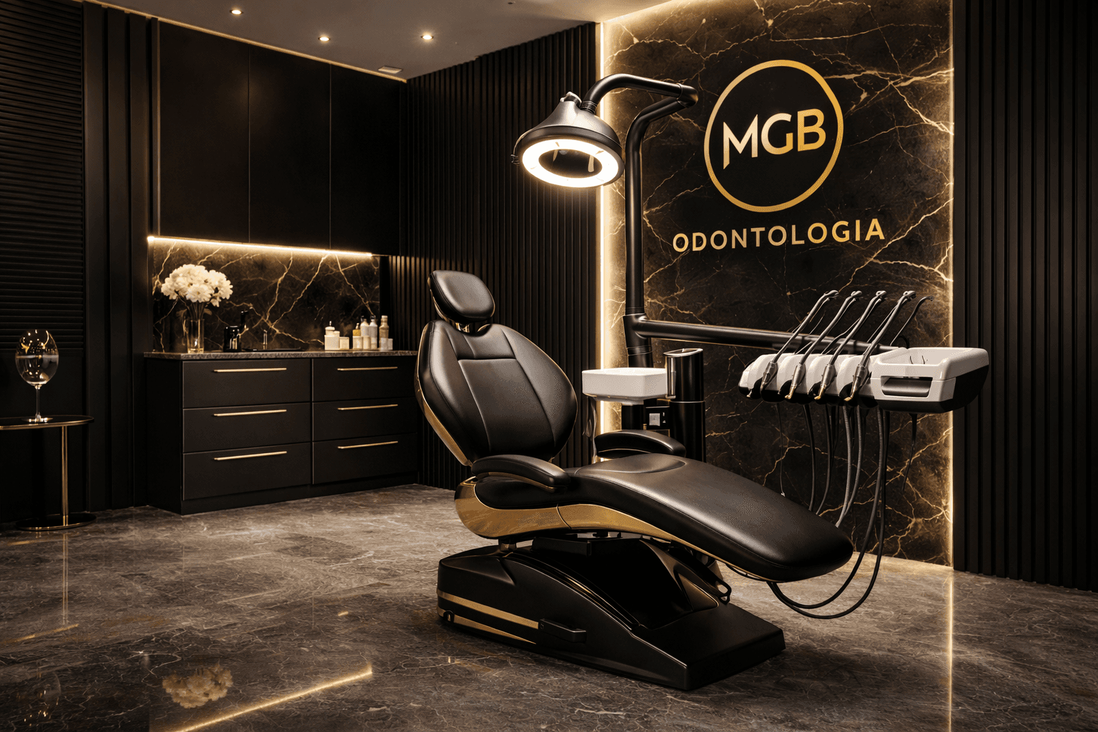 Interior luxuoso do consultório MGB Odontologia com cadeira odontológica moderna em preto e dourado